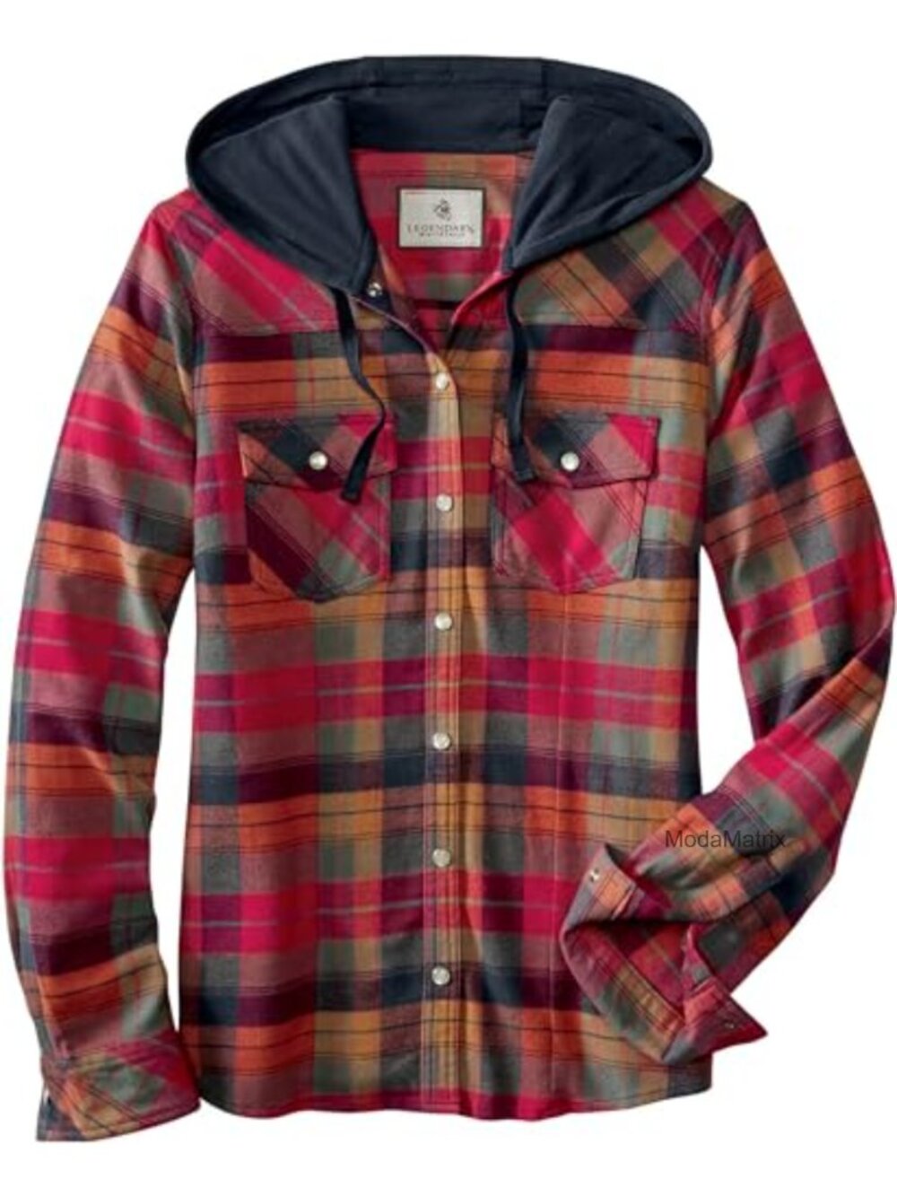 Womens Hooded Long Sleeve Flannel Snap Front Shirt Relaxed Fit